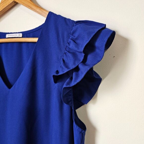 EUC STACCATO ELECTRIC BLUE V NECK FLUTTER SLEEVES SHORT DRESS SZ LARGE - Picture 6 of 15